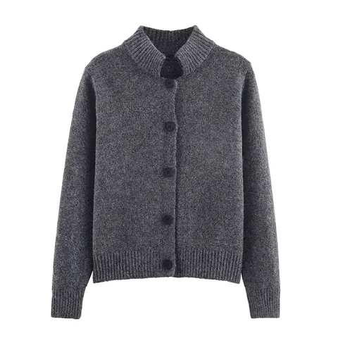 Veste Gilet en Tricot pour Femmes avec Col Montant et Boutons Fil de Lurex Doré Pull Ample Manches Longues pour Automne Hiver