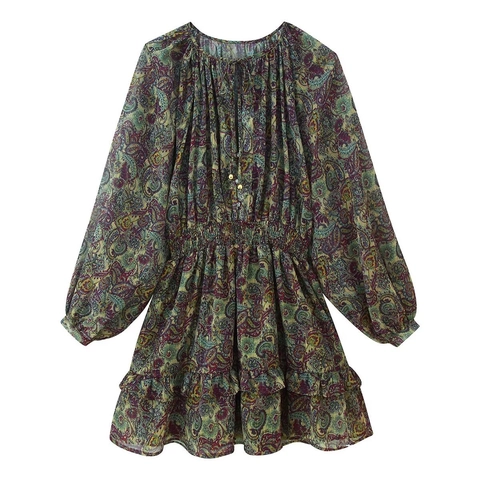 Vintage Paisley Print Lange Mouw Mini Jurk Voor Dames Elegant Gesmokte Taille Ruffle Zoom Metalen Draad Boho Jurk
