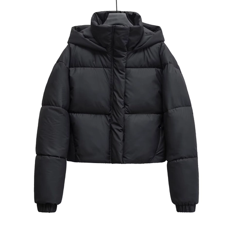 Veste Rembourrée Décontractée pour Femmes Avec Capuche Noir Mat Manteau d'hiver Matelassé Fermeture Éclair Coupe-Vent Chaud