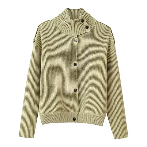 Dames Vest Met Hoge Hals Ribgebreid Knopen Trui Losse Lange Mouw Effen Kleur Casual Gebreid Jasje Top
