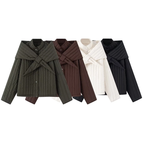 Women Quilted Padded Jacket With Detachable Scarf Collar Fashion Long Sleeve Snap Button Warm Winter Coat Outwear