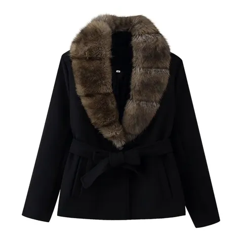 Women Faux Fur Collar Belted Slim Fit Coat Winter Warm Lapel Mid Length Jacket Outerwear Streetwear Fashion Overcoat
