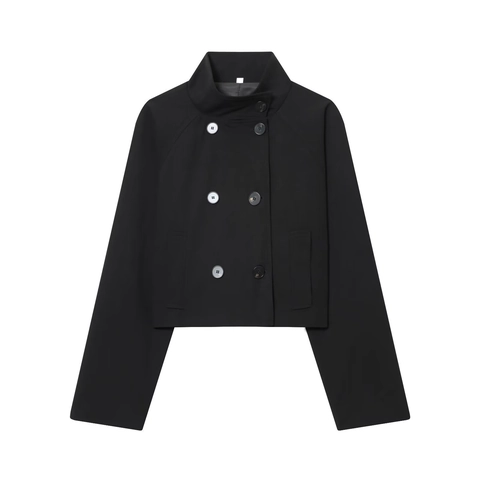 Damen Casual Stehkragen Zweireihig Kurze Jacke Minimalistisch Polyester Raglanärmel Schwarz Oberbekleidung Mode Top