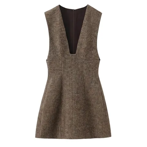 Vestito Mini Donna Sexy Scollo a V Profondo Senza Maniche in Tweed Marrone Melange Slim Fit Linea A Party Vestito