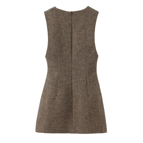 Vestito Mini Donna Sexy Scollo a V Profondo Senza Maniche in Tweed Marrone Melange Slim Fit Linea A Party Vestito