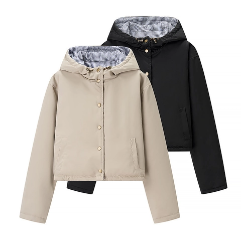 Women Casual Hooded Jacket With Gingham Lining Button Front Short Cotton Padded Coat Drawstring Hem Autumn Winter Outerwear For Women