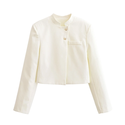 Women Casual Stand Collar Long Sleeve Short Jacket Solid Color Two Button Polyester Blazer Coat For Office Daily Streetwear
