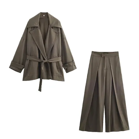 Women Elegant Deep Olive Green Belted Open Front Jacket And High Waist Pleated Wide Leg Pants Two Piece Casual Outfit