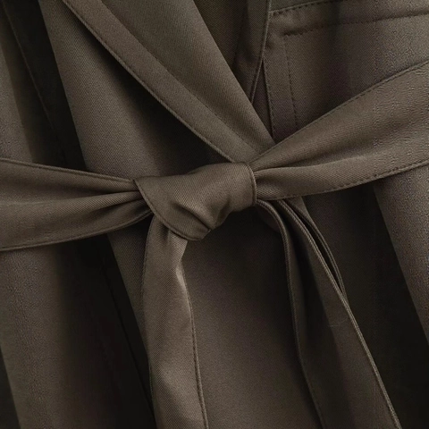 Women Elegant Deep Olive Green Belted Open Front Jacket And High Waist Pleated Wide Leg Pants Two Piece Casual Outfit