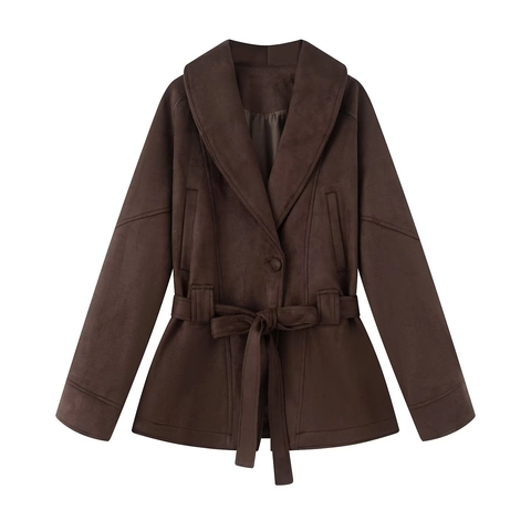 Gabardina de Gamuza Ajustada para Mujer Con Cinturón Casual Cuello de Solapa Manga Larga Abotonadura Sencilla Color Sólido