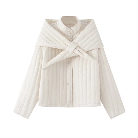Women Quilted Padded Jacket With Detachable Scarf Collar Fashion Long Sleeve Snap Button Warm Winter Coat Outwear