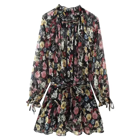 Damen Casual Blumen Langarm Chiffon Kleid Mit Rüschenkragen Und Bindegürtel Elegantes A-Linien Bedrucktes Midi Kleid Für Den Alltag
