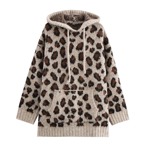 Women Loose Knit Hoodie Leopard Print Solid Color Long Sleeve Hooded Sweater With Kangaroo Pocket Casual Knitwear Jacket Top
