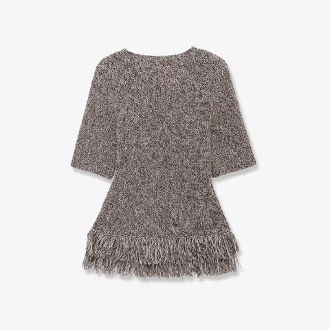 Mode Franje Gebreide Ronde Hals Korte Mouw Top Vrouwen Bohemien Casual Gemêleerd Grijs Gebreide Trui T-Shirt Met Kwastjes