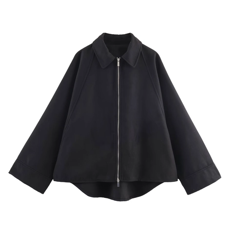 Women Loose Zipper Jacket Solid Color Lapel Long Sleeve Cape Silhouette Coat Autumn Winter Street Style Outerwear