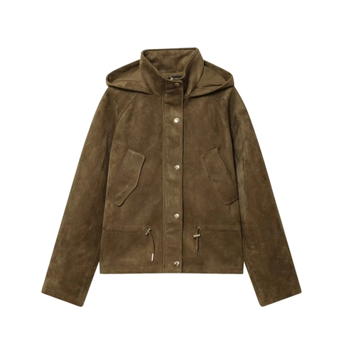 Women Fashion Hooded Faux Suede Jacket Stand Collar Short Outwear With Metal Snaps And Drawstring Hem Casual Solid Color Streetwear