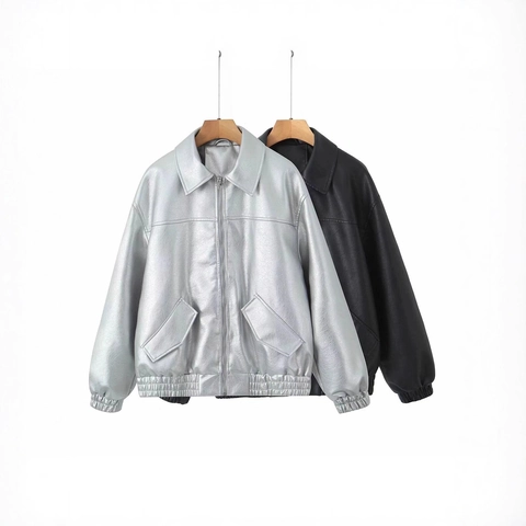 Women Casual PU Leather Jacket Loose Fit Lapel Zip Up Coat Metallic Silver Black Brown Faux Leather Bomber Outerwear