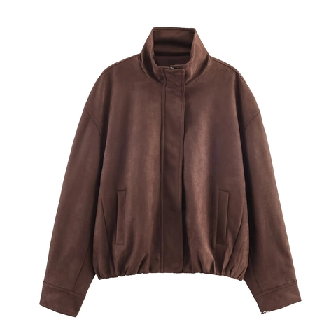 Women Vintage Faux Suede Jacket Stand Collar Long Sleeve Zipper Loose Fit Casual Solid Coffee Brown Bomber Jacket Outerwear