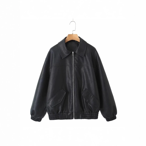 Women Casual PU Leather Jacket Loose Fit Lapel Zip Up Coat Metallic Silver Black Brown Faux Leather Bomber Outerwear