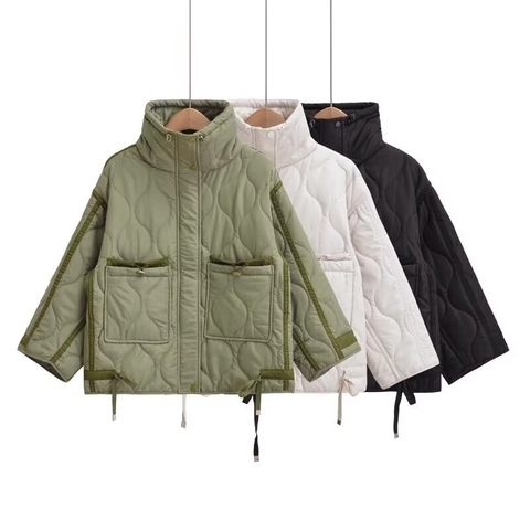 Giacca Imbottita Trapuntata da Donna Casual Larga Collo Rialzato Coulisse Orlo Tasche Tinta Unita Manica Lunga Cappotto di Cotone Invernale