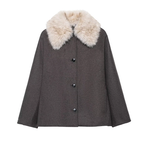 Cappotto Donna Elegante con Collo in Pelliccia Ecologica Giacca in Lana Larga Monopetto Grigio Scuro Autunno Inverno