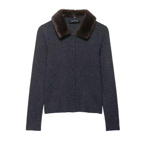 Women Elegant Faux Fur Collar Knitted Cardigan Sweater Jacket Dark Gray Long Sleeve Button Up Warm Outerwear Autumn Winter
