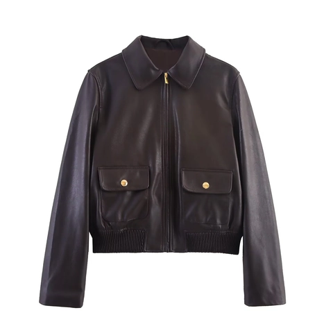 Damen Casual Kunstleder Jacke Revers Reißverschluss Langarm Locker Braun Mantel Mit Taschen Streetwear Außenbekleidung