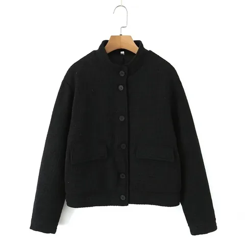Women Casual Stand Collar Padded Jacket Black Solid Single Breasted Waffle Texture Long Sleeve Streetwear Coat Outwear