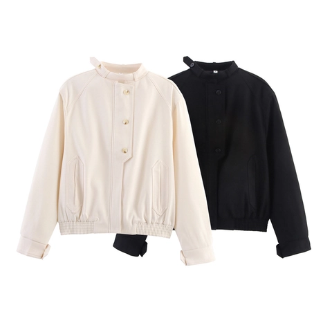 Chaqueta Casual de Cuello Alto para Mujer con Botones Moda Color Sólido Abrigo Corto Holgado Otoño Manga Larga Outwear Chic Daily Top