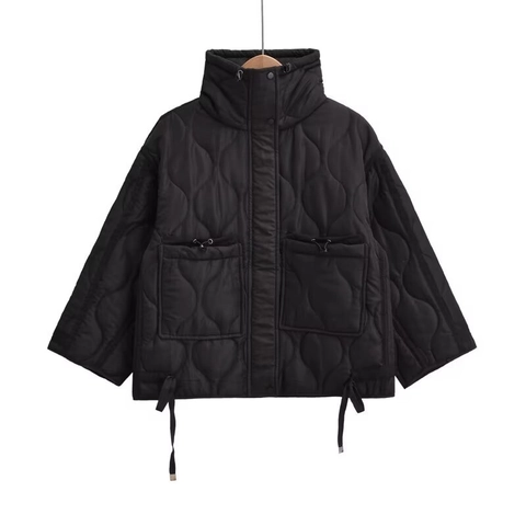 Giacca Imbottita Trapuntata da Donna Casual Larga Collo Rialzato Coulisse Orlo Tasche Tinta Unita Manica Lunga Cappotto di Cotone Invernale