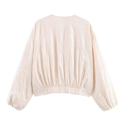 Veste Courte Broderie Florale Femme Manteau Zippé Col Rond Décontracté Ample Mélange Coton Vêtement de Sortie Manches Longues