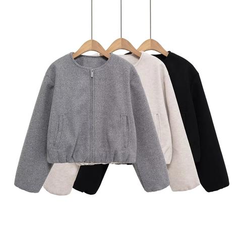Dames Casual Westerse Stijl Ronde Hals Lange Mouw Fleece Jas Effen Kleur Rits Baseball Bovenkleding Korte Jas Voor Dames