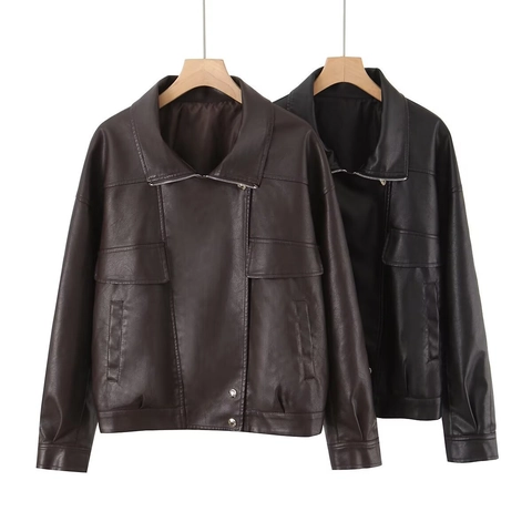 Giacca in Ecopelle PU Casual da Donna Con Risvolto Manica Lunga Vestibilità Larga Cerniera Cappotto Biker Con Tasche Streetwear Vintage