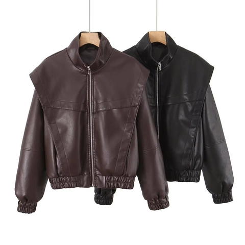 Veste Femme Casual en Cuir PU Col Montant Fermeture Éclair Patchwork Manches Longues Manteau Oversize Streetwear pour Automne Hiver