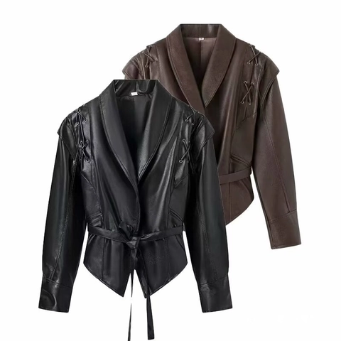 Giacca Vintage in Ecopelle da Donna Con Cintura Spalle Stringate Orlo Asimmetrico Slim Fit Cappotto Moto Biker