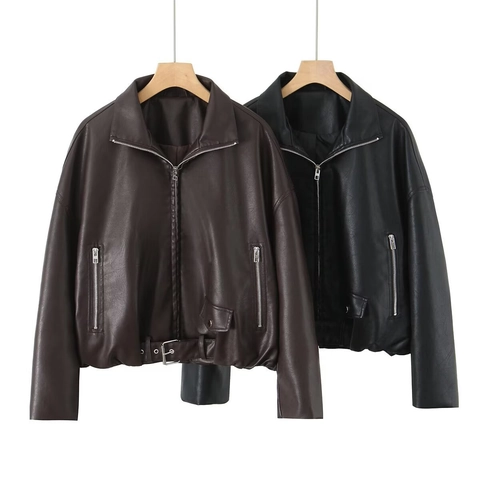 Giacca Motociclista da Donna in Pelle PU Oversize Corta Tinta Unita Con Cintura Per Uso Quotidiano Street Style