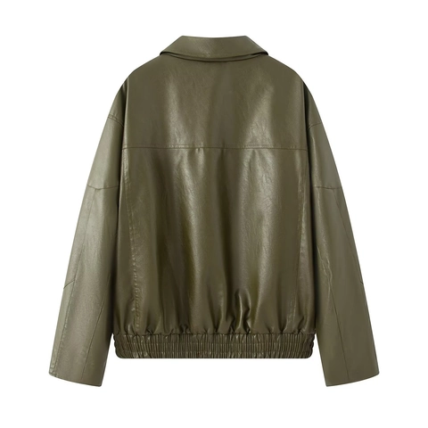 Damen Loose Casual Kunstlederjacke Reverskragen Langarm PU Biker Mantel Mit Reißverschlusstasche Mode Streetwear Oberbekleidung