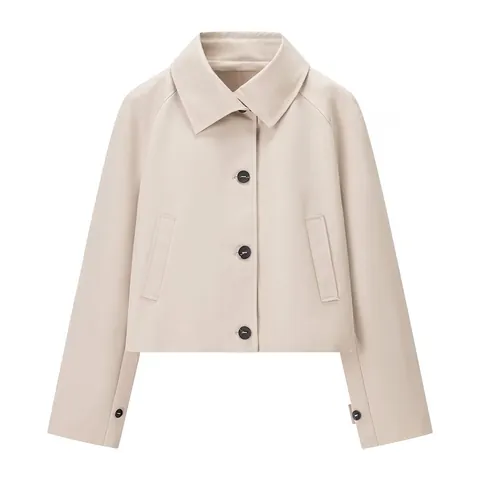 Gabardina Corta de Moda para Mujer Solapa Botonadura Sencilla Chaqueta Corta Color Sólido Ajuste Holgado Casual Beige