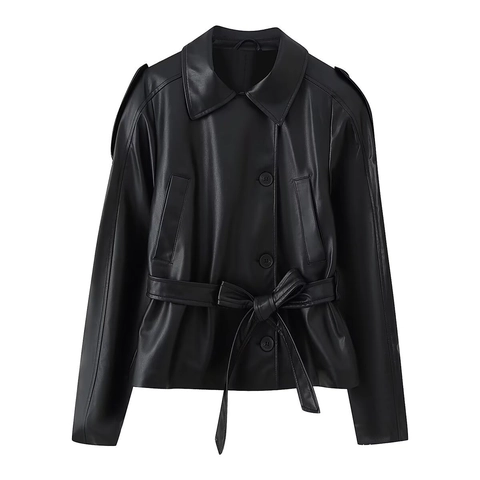 Women Faux Leather Short Trench Coat Lapel Belted Single Breasted PU Jacket Fashion Casual Autumn Outwear Solid Black Coat