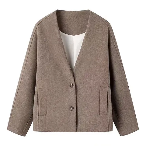 Abrigo de Textura de Lana con Cuello en V para Mujer Otoño Chaqueta Corta con Botones Holgada Color Topo Manga Larga Ropa