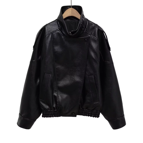 Damen Streetwear PU Lederjacke Asymmetrischer Reißverschluss Lockere Passform Bikerjacke Langarm Stehkragen Casual Outerwear Schwarz