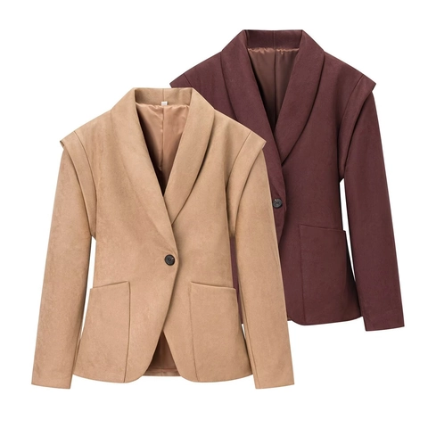 Chaqueta Vintage de Antelina para Mujer Cuello Chal Manga Larga Pliegues en Hombros Color Sólido Elegante Ropa de Exterior