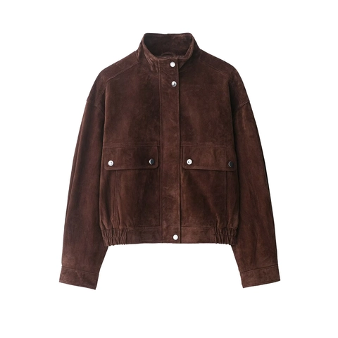 Women Vintage Faux Suede Bomber Jacket Stand Collar Dark Brown Loose Fit Pocket Short Jacket Streetwear Outwear For Autumn
