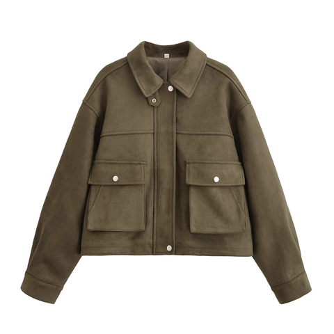 Chaqueta Cargo de Gamuza Sintética para Mujer Ajuste Holgado Corta Streetwear Ropa de Abrigo Con Bolsillos Solapa Cremallera Botones de Metal Chaqueta de Manga Larga