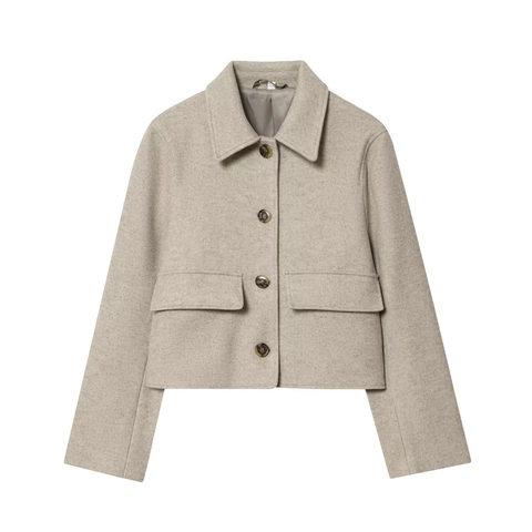 Women's Cropped Woolen Jacket Solid Color Lapel Long Sleeve Single Breasted Coat With Pockets Casual Streetwear Outerwear