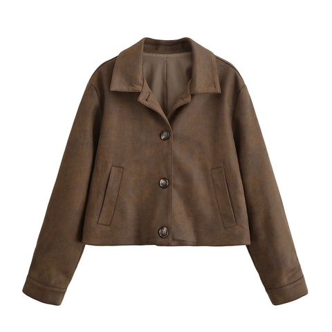 Women Casual Faux Suede Jacket Lapel Single Breasted Solid Color Short Coat Long Sleeve Streetwear Outerwear For Autumn Winter