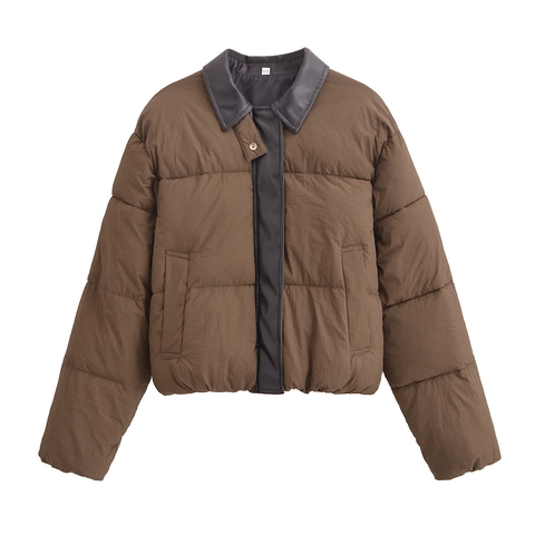 Damen Vintage Steppjacke Kontrast PU Lederkragen Patchwork Wattierter Mantel Winddicht Locker Oberbekleidung Winter Warmer Top