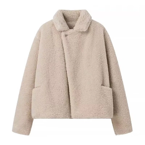 Women's Casual Sherpa Fleece Jacket Asymmetric Lapel Long Sleeve Solid Warm Coat Autumn Winter Outerwear For Women