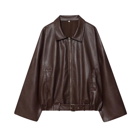 Vrouwen Vintage Kunstleren Jas Met Riem En Zakken Donkerbruin Losse Pasvorm Revers Lange Mouwen PU Moto Biker Bovenkleding