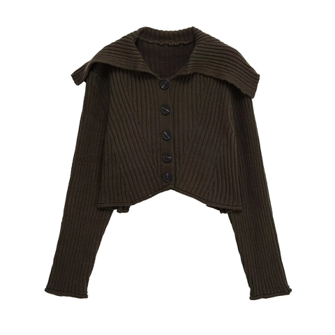 Women's Vintage Ribbed Knit Cardigan Big Sailor Collar Button Up Long Sleeve Cropped Sweater Top Solid Color Outfit